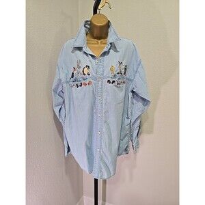 Vtg Warner Bros Chambray Button Shirt Large Embroidered Cartoons Bugs Taz Daffy